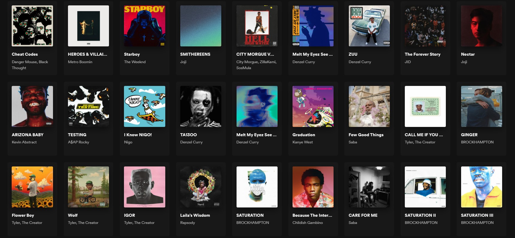 A screenshot of a spotify home page with many album covers such as Cheat Codes, Starboy, SMITHEREENS, Graduation, Flower Boy, CARE FOR ME, and more, all laid out in a grid.
