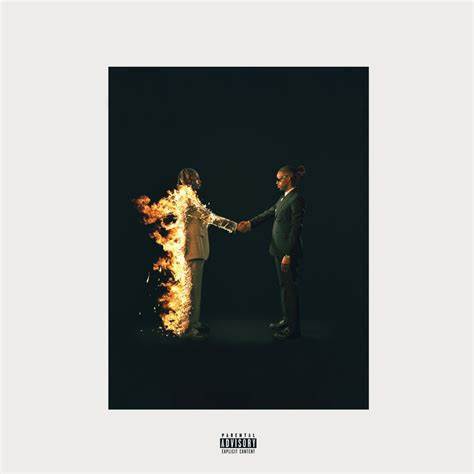 Cover of Metro Boomin's Heroes & Villains album featuring Metro in a white suit, on fire, shaking the hand of a clone in a black suit.